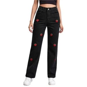 New Genleck womens XL strawberry embroidered jeans high rise straight leg mom